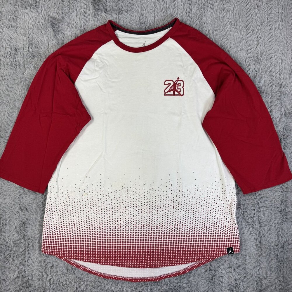 Nike MICHAEL JORDAN No 23 CHICAGO BULLS Jump Men XL 3/4 Sleeve Shirt Red White